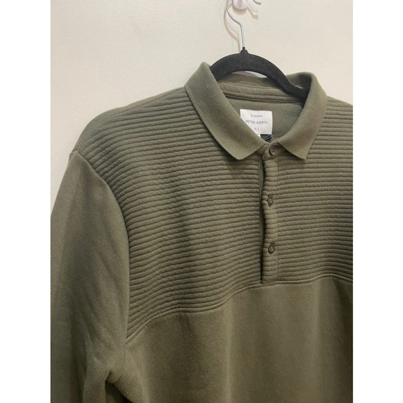 Peter Werth Long Sleeve Polo Collared Fleece Sweatshirt Military Green Medium - Picture 2 of 13